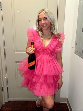Hot Pink Ruffled Tulle Mini Dress